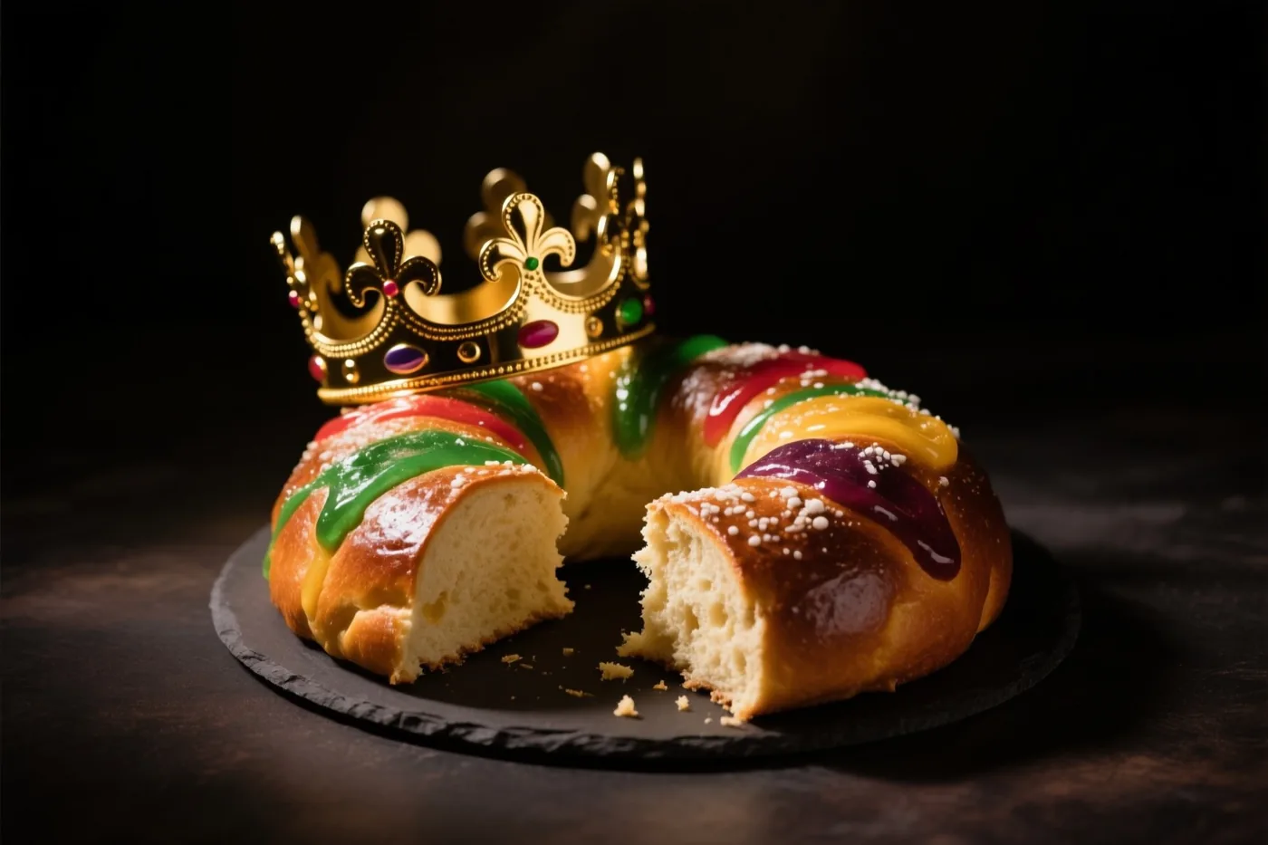 Een gouden kroon staat op een ringvormige taart met rood, groen en geel glazuur, waaruit een stuk is gesneden, op een donker leisteenbord tegen een zwarte achtergrond.