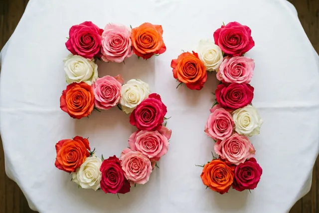 Van bovenaf is het getal 51 van rozen op een wit tafelkleed te zien, met roze, witte, rode en oranje tinten.