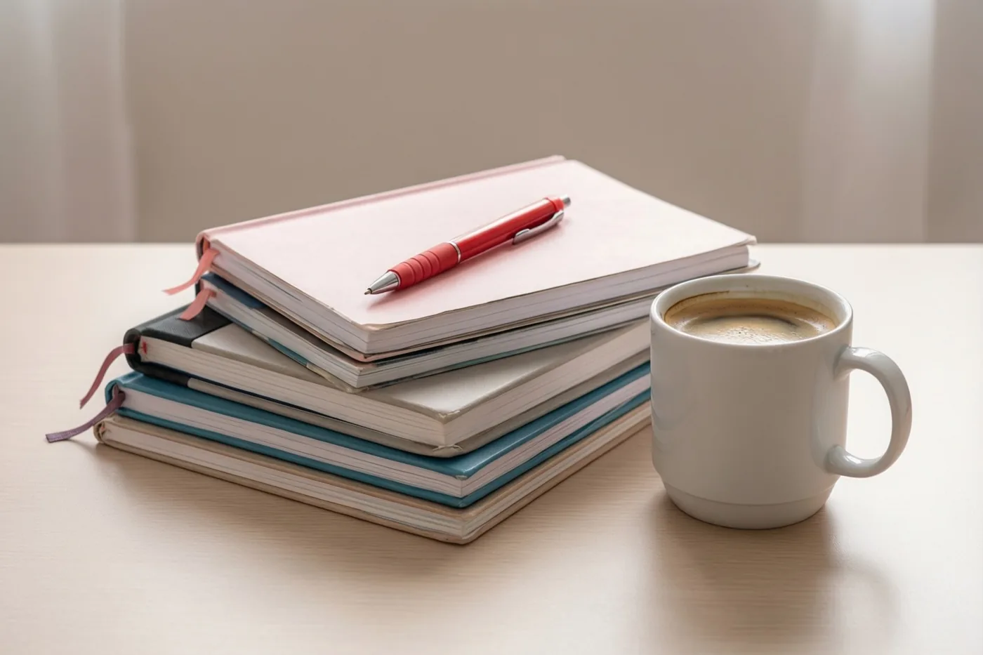Een stapel kleurrijke schriften met een rode pen erbovenop ligt naast een witte mok koffie op een licht houten bureau tegen een neutrale achtergrond.