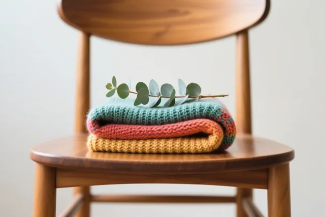 Een opgevouwen handgebreide sjaal in blauwgroen, koraal en geel ligt met een takje eucalyptus op een houten stoel tegen een witte achtergrond.