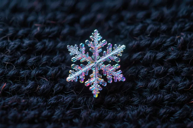 Een gedetailleerde sneeuwvlok met iriserende kleuren ligt op donkere wol met een zichtbare structuur tegen een diepe, donkere achtergrond.