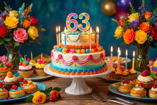 Een kleurrijke taart met meerdere verdiepingen, een papieren versiering met 63 en brandende kaarsen staat op een houten buffettafel met bloemen, cupcakes en ballonnen tegen een donkerblauwe achtergrond.