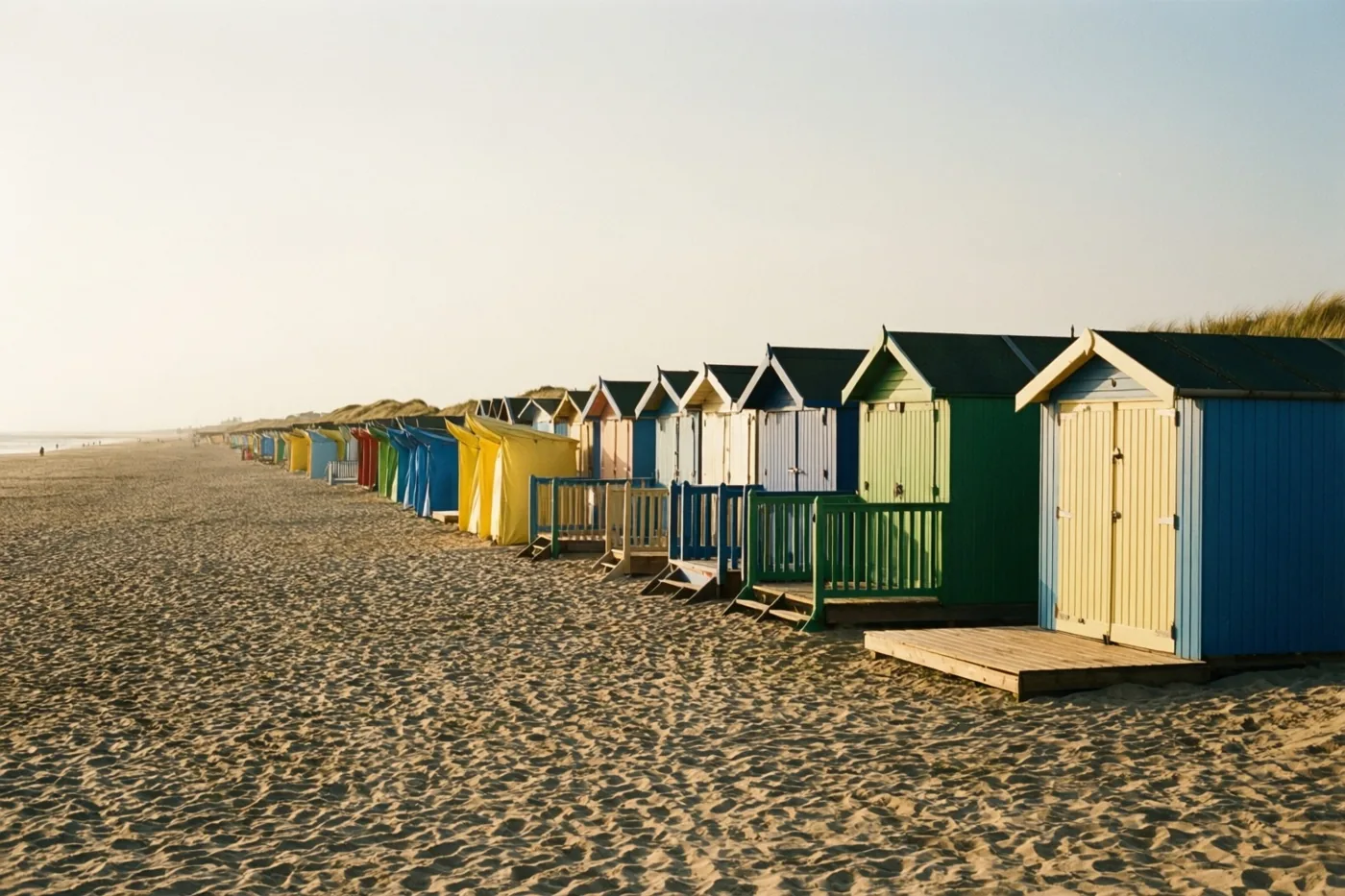 Blauwe, groene, gele en rode strandcabines staan in een lange rij op goudkleurig zand onder een bleke hemel.