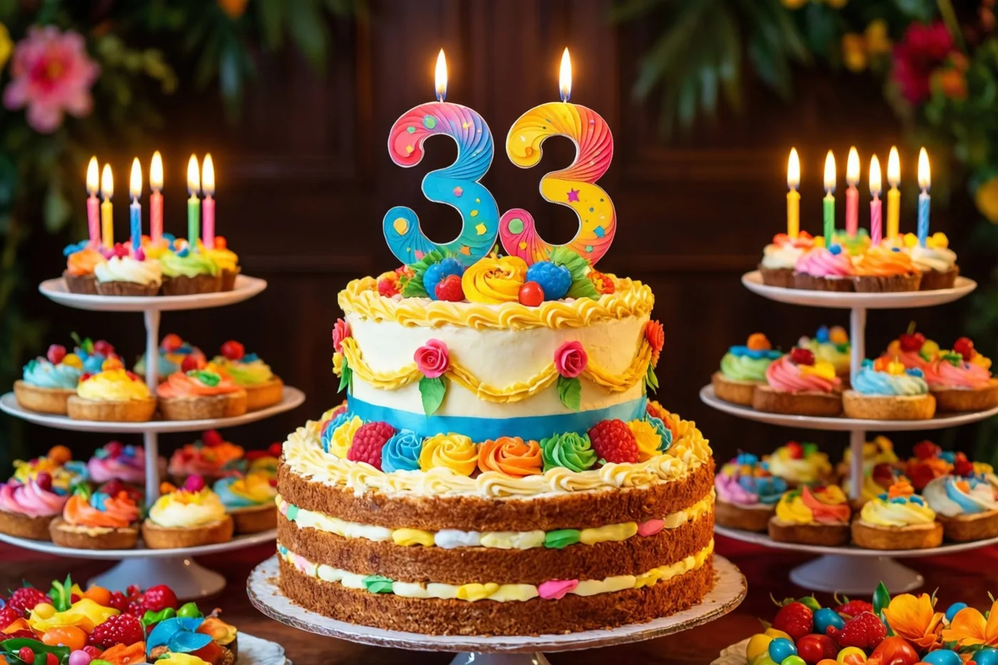 Een kleurrijke taart met meerdere verdiepingen en grote cijferkaarsen die 33 vormen staat tussen cupcakes, bessen en brandende kaarsen, met bloemen tegen een donkere achtergrond.