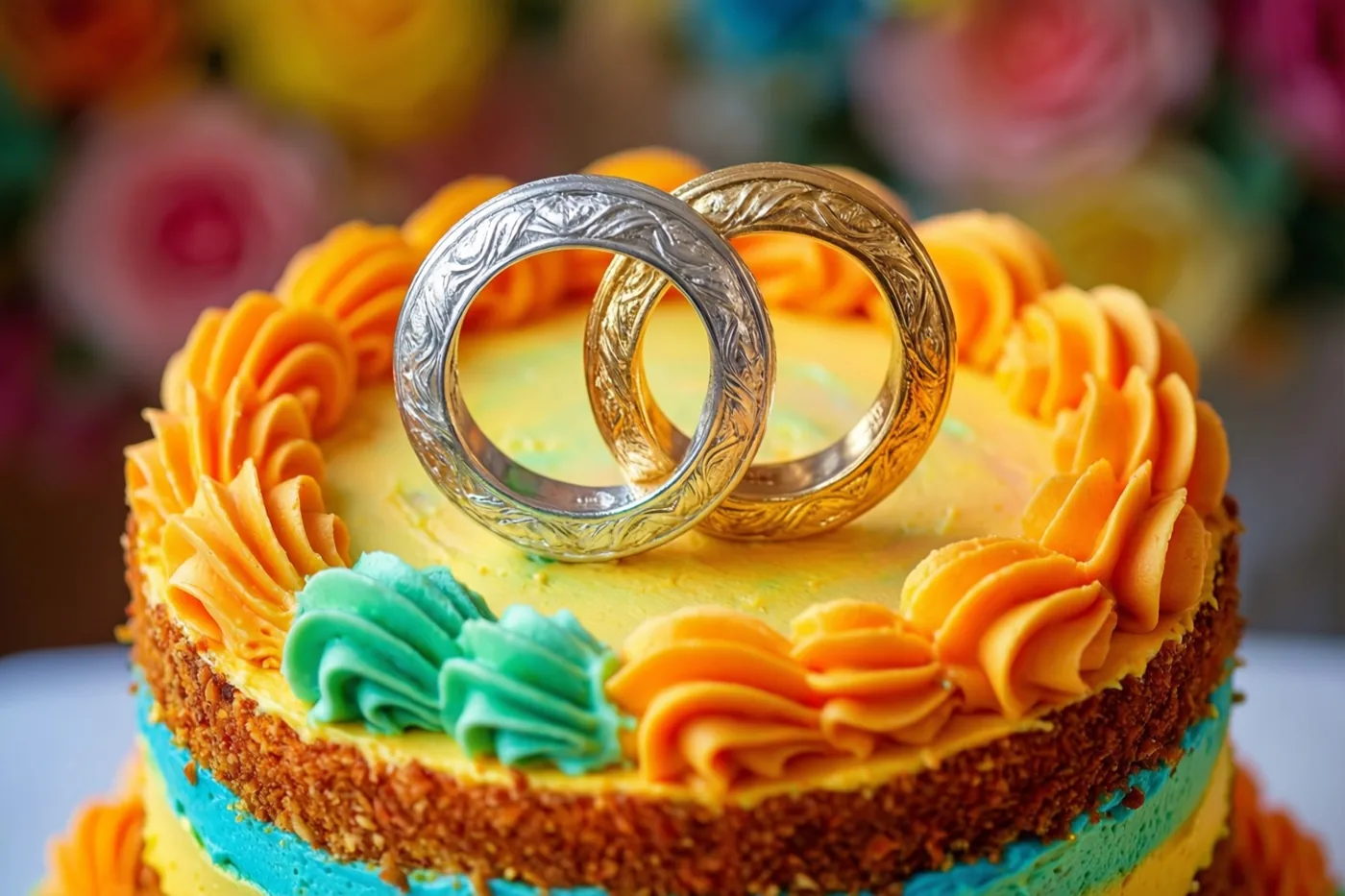 Een detailopname toont een taart met meerdere verdiepingen, oranje en blauwgroene glazuurkrullen en bovenop twee in elkaar gehaakte ringen in zilver en goud, voor een onscherpe bloemenachtergrond.