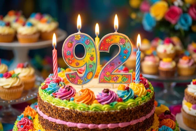 Een kleurrijke taart met meerdere verdiepingen, brandende kaarsjes en een papieren versiering met 92 staat tussen cupcakes op standaards bij een feestelijk buffet.
