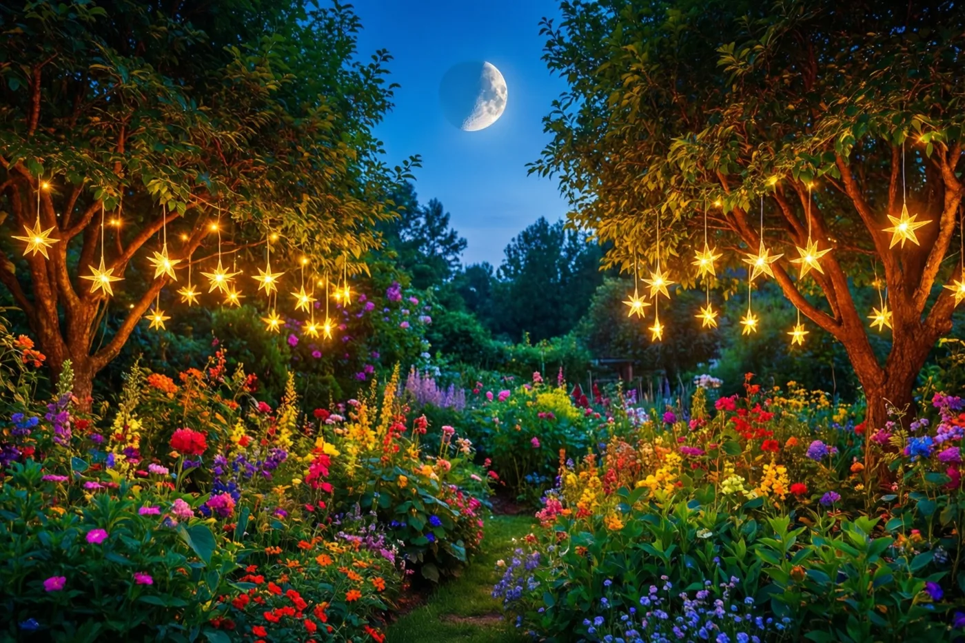 Een tuin vol kleurrijke bloemen en weelderig groen wordt bij schemering verlicht door stervormige lantaarns in de bomen, met een maansikkel aan de hemel.
