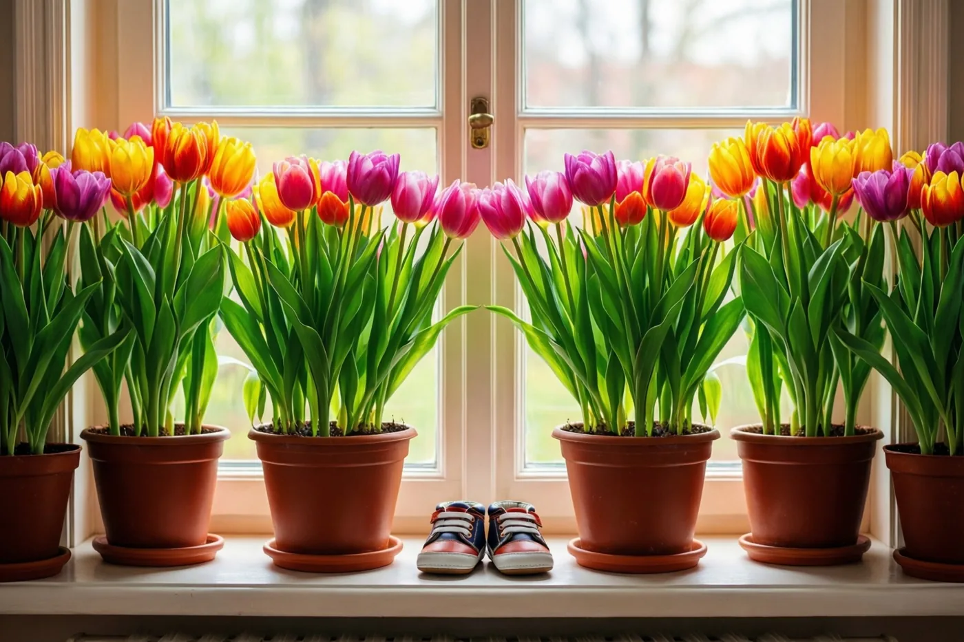 Gele, oranje, roze en paarse tulpen in terracotta potten staan op een vensterbank rond kleine rood-wit-blauwe babyschoentjes.