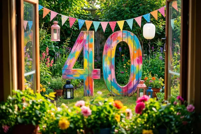 Door een open raam is een groot houten bord met een kleurrijk geschilderde 40 te zien in een zonnige tuin met vlaggetjes, lantaarns, groen en bloemen.