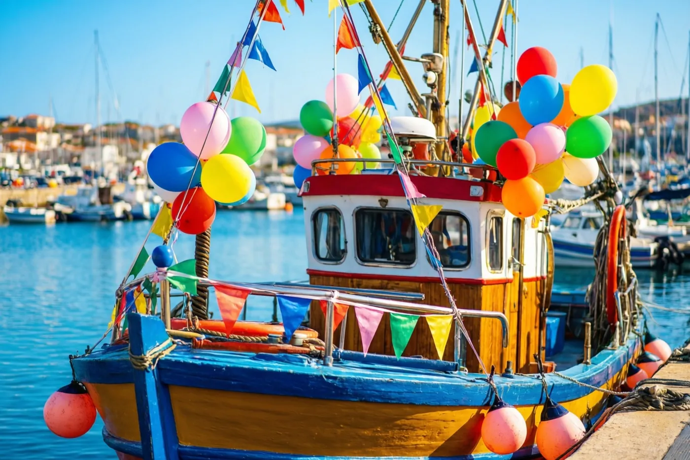 Een kleurrijke vissersboot met ballonnen en vlaggenlijnen ligt in een haven met kalm blauw water, gebouwen in de verte en een heldere lucht.