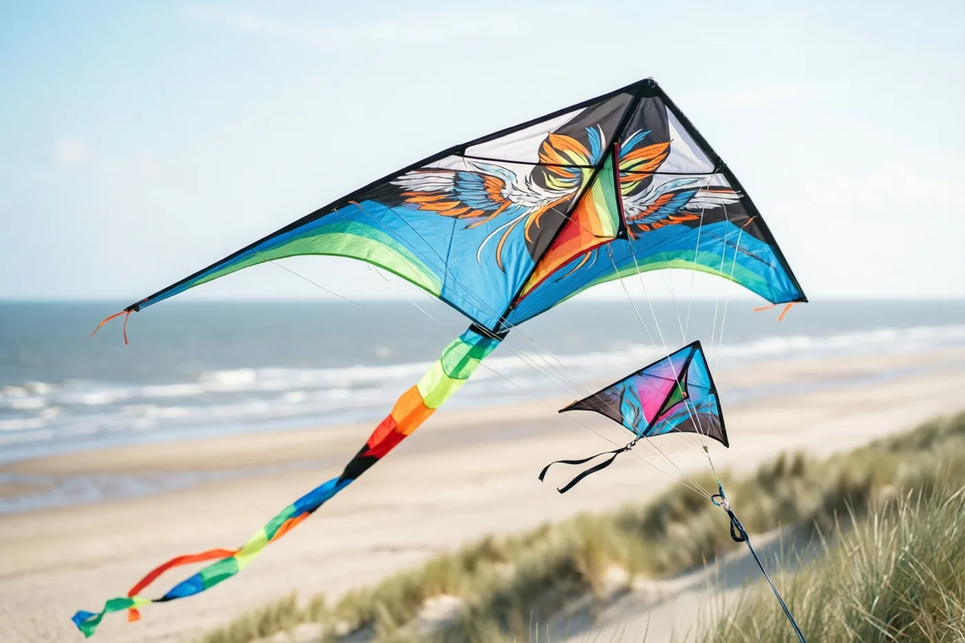 Een grote en een kleine kleurrijke vlieger zitten aan lijnen op een winderig strand, met zee en duinen op de achtergrond en opvallende blauwe, groene en oranje tinten.