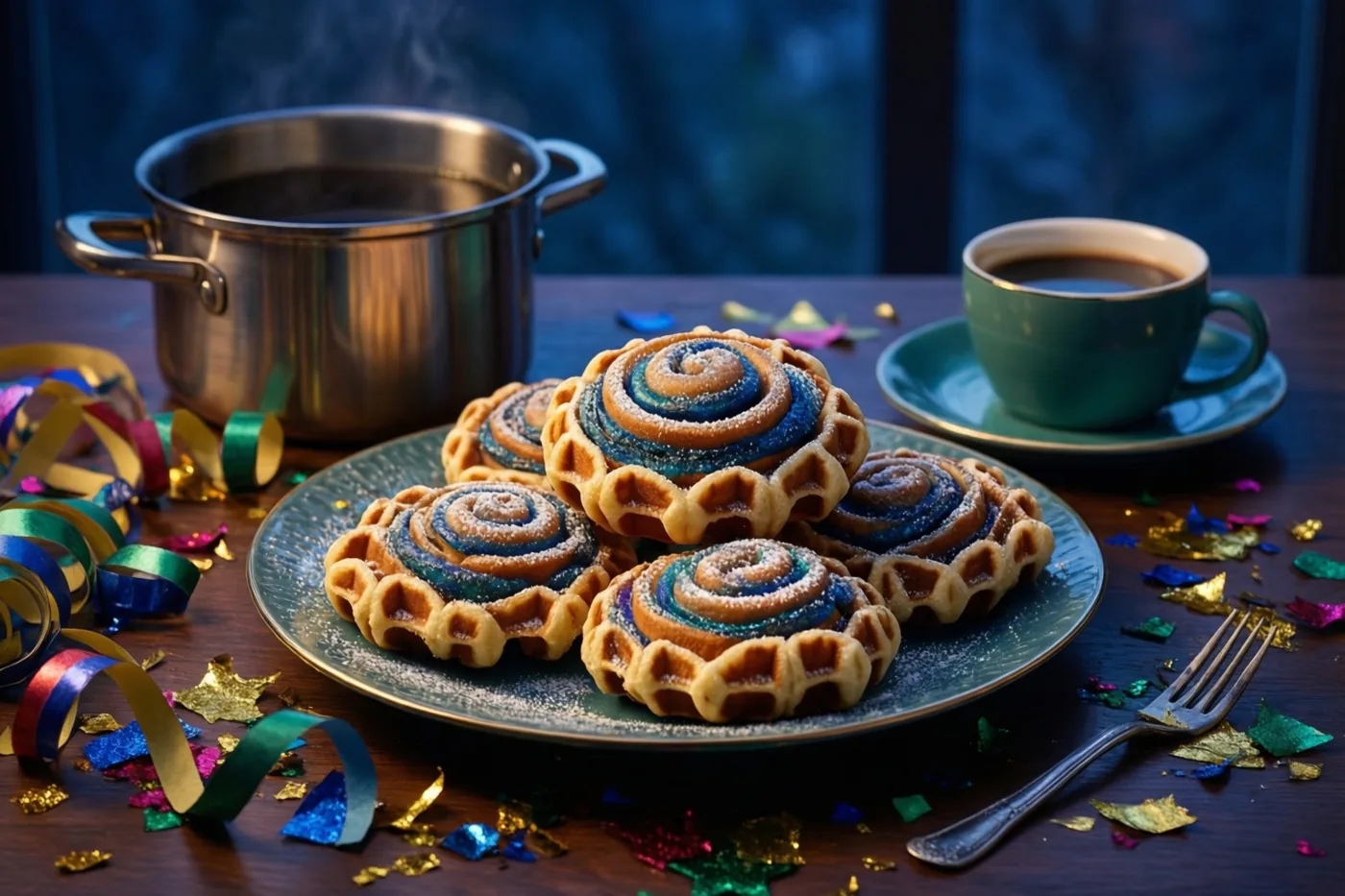Een bord kleurrijke suikerwafelrolletjes staat op een houten tafel naast een koffiepot en een kop koffie, tussen slingers en confetti tegen een donkerblauwe achtergrond.