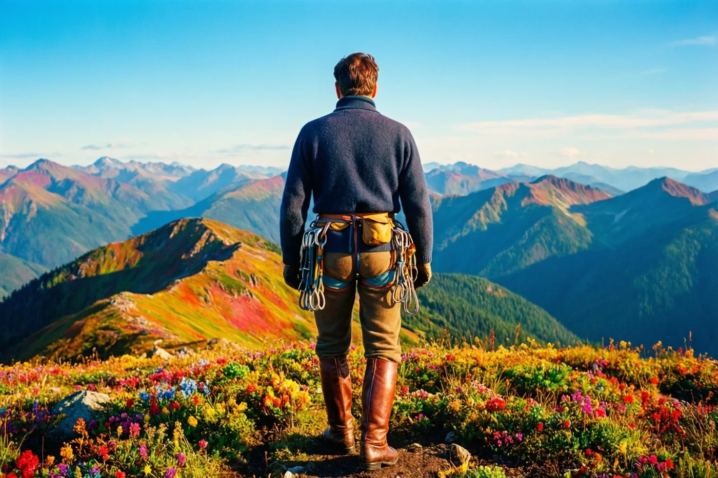 Een klimmer in wollen kleding uit de jaren vijftig en leren schoenen staat met de rug naar de kijker op een bergtop, met kleurrijke bergen, felle bloemenkleuren en een heldere blauwe lucht.