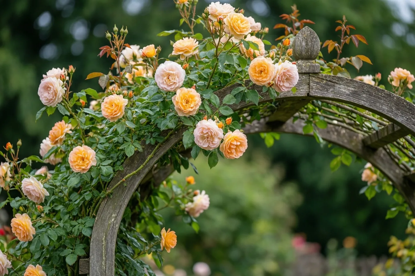Perzikkleurige en gele klimrozen hangen over een verweerde houten tuinboog in een weelderige groene tuin.