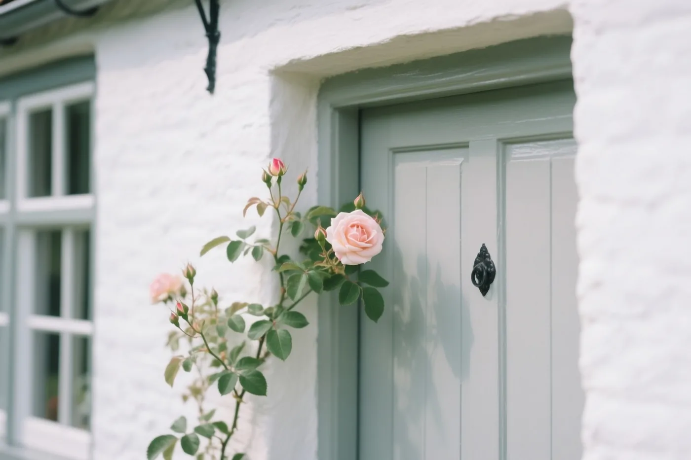 Roze klimrozen groeien boven de deuropening van een witgekalkt huisje met een bleekgroene deur en raamkozijnen.