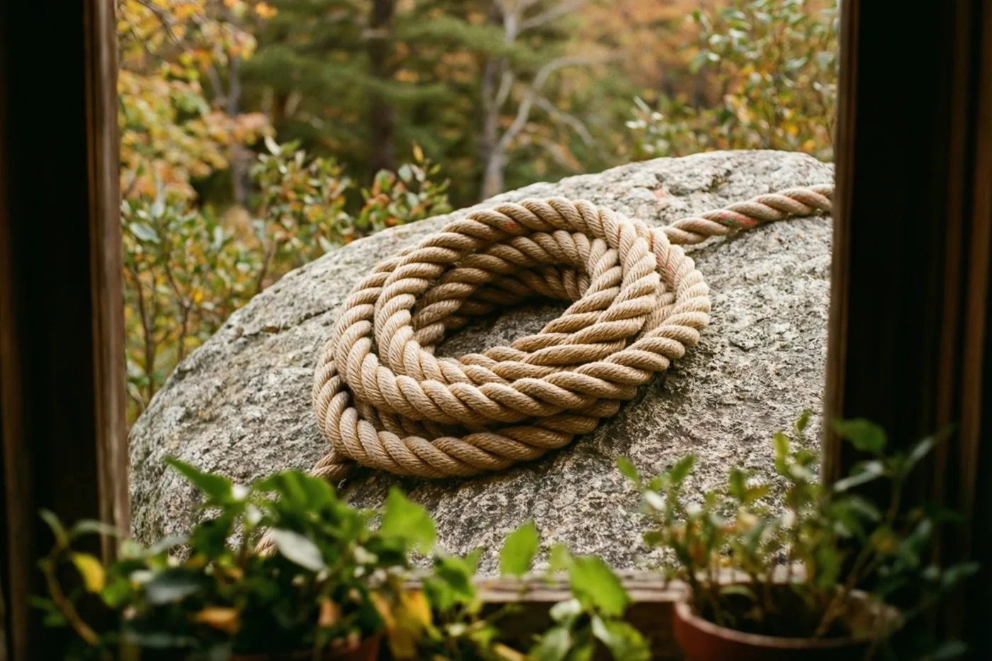 Door een houten raam is een dik opgerold klimtouw op een grote granieten rots te zien, met herfstbladeren erachter en groene potplanten op de voorgrond.