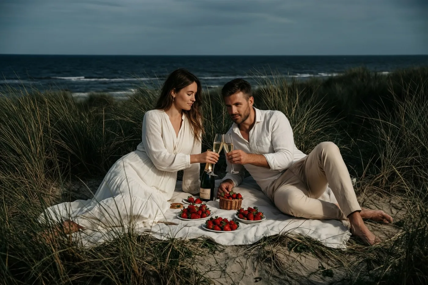 Een man en een vrouw zitten op een wit deken in de zandduinen en klinken met champagneglazen, omringd door hoge grassen met de zee en een bewolkte lucht achter hen.