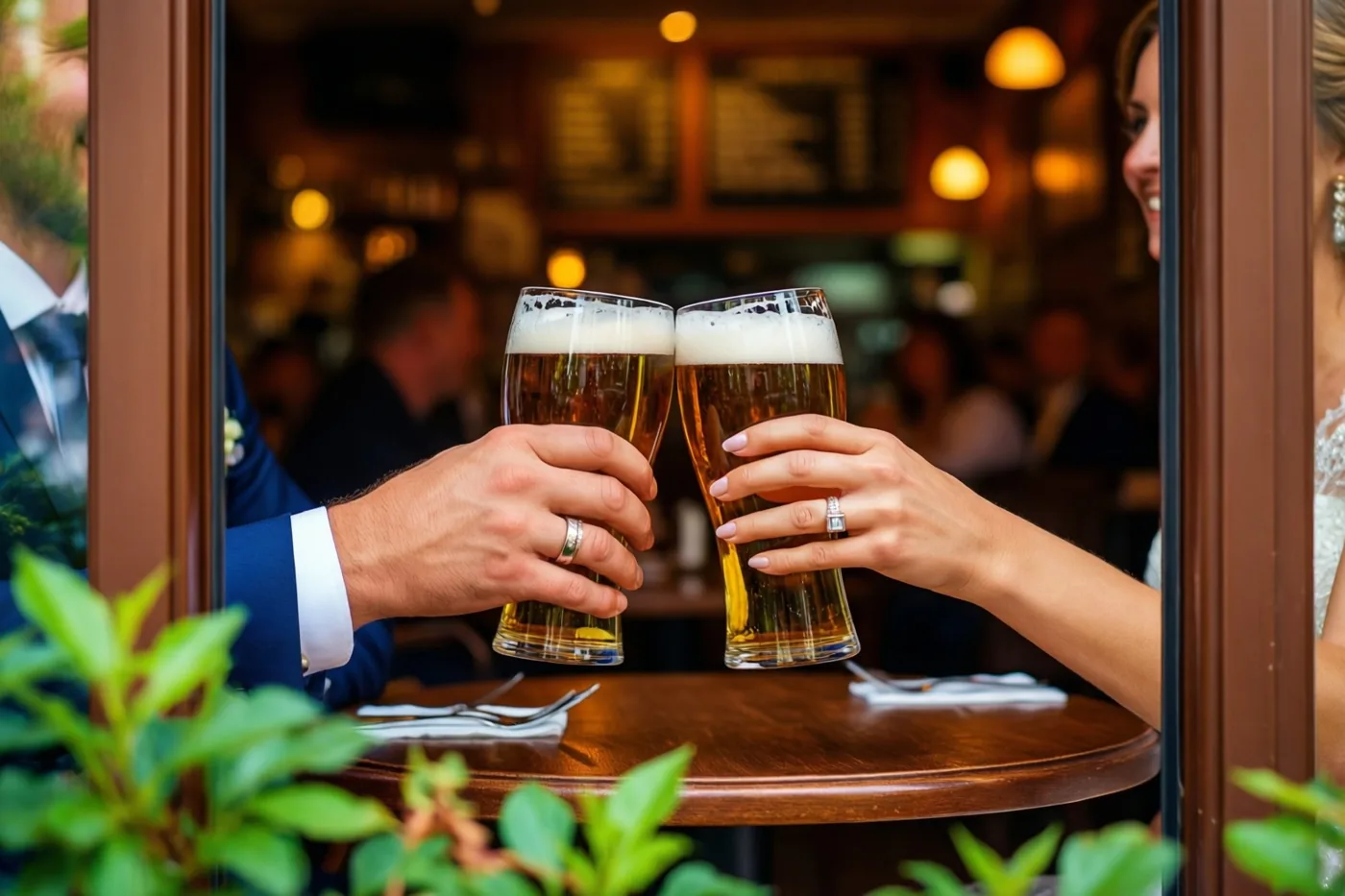 Door een raam met groen op de voorgrond zijn twee handen met trouwringen te zien die bierglazen klinken boven een houten tafel in een warm verlicht bruin café met wazige gasten op de achtergrond.