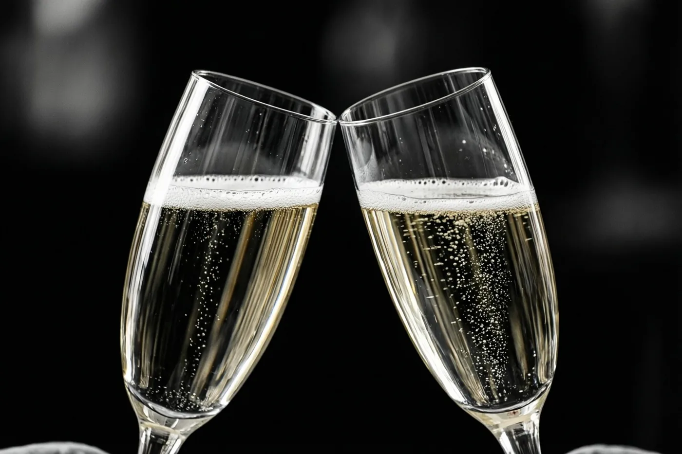 Twee champagnefluiten met mousserende wijn en belletjes klinken tegen elkaar voor een donkere achtergrond.