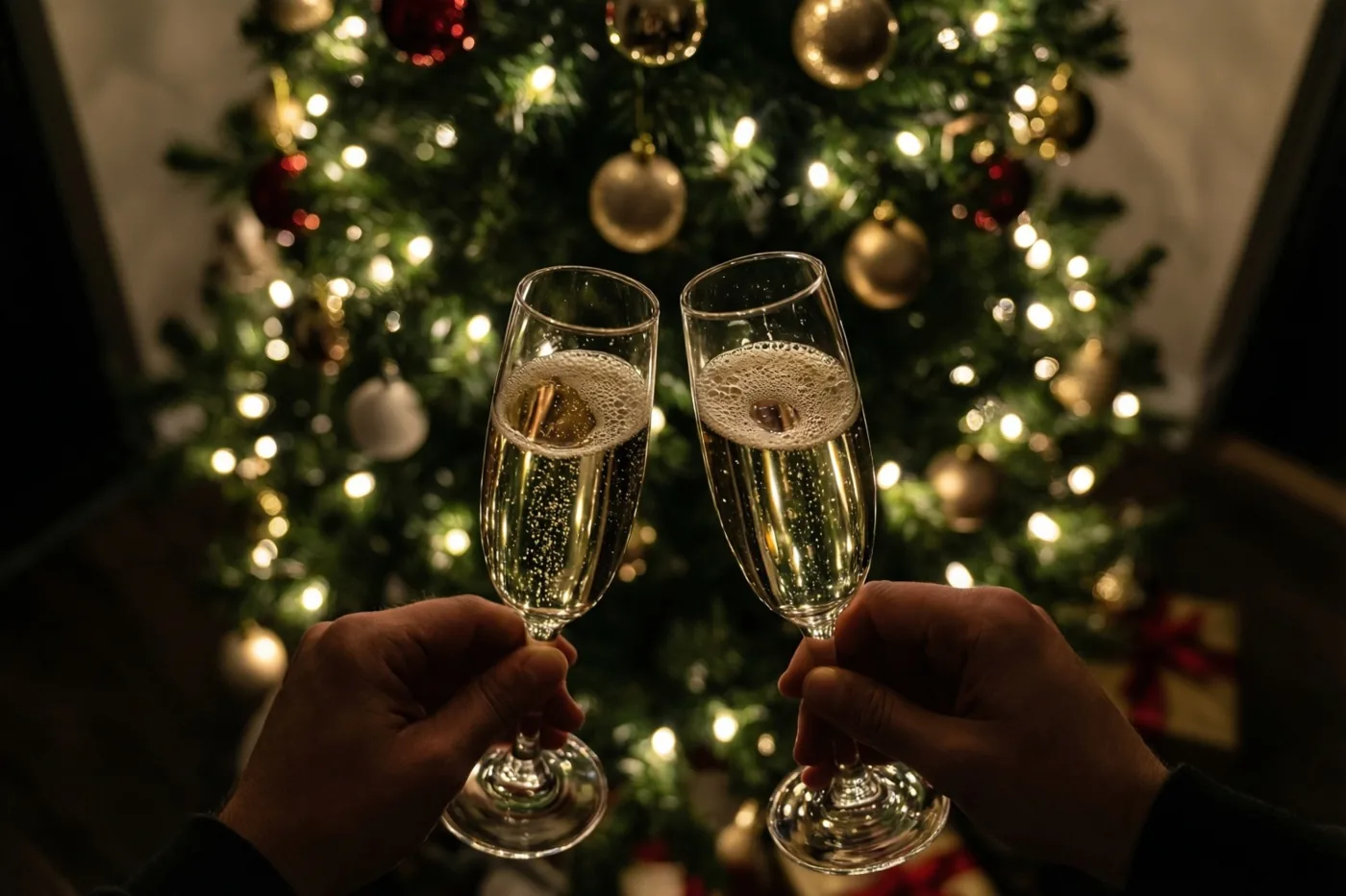 Twee handen heffen champagneglazen met een bruisende drank voor een versierde kerstboom met brandende lichtjes.