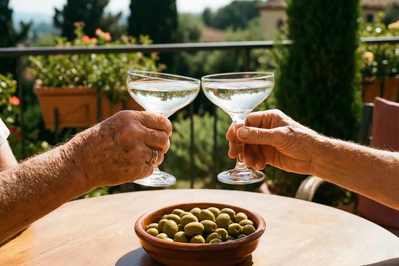 Twee oudere handen klinken met champagneglazen gevuld met een heldere drank boven een houten tafel met een terracotta schaal groene olijven, op een zonnig terras met groen op de achtergrond.