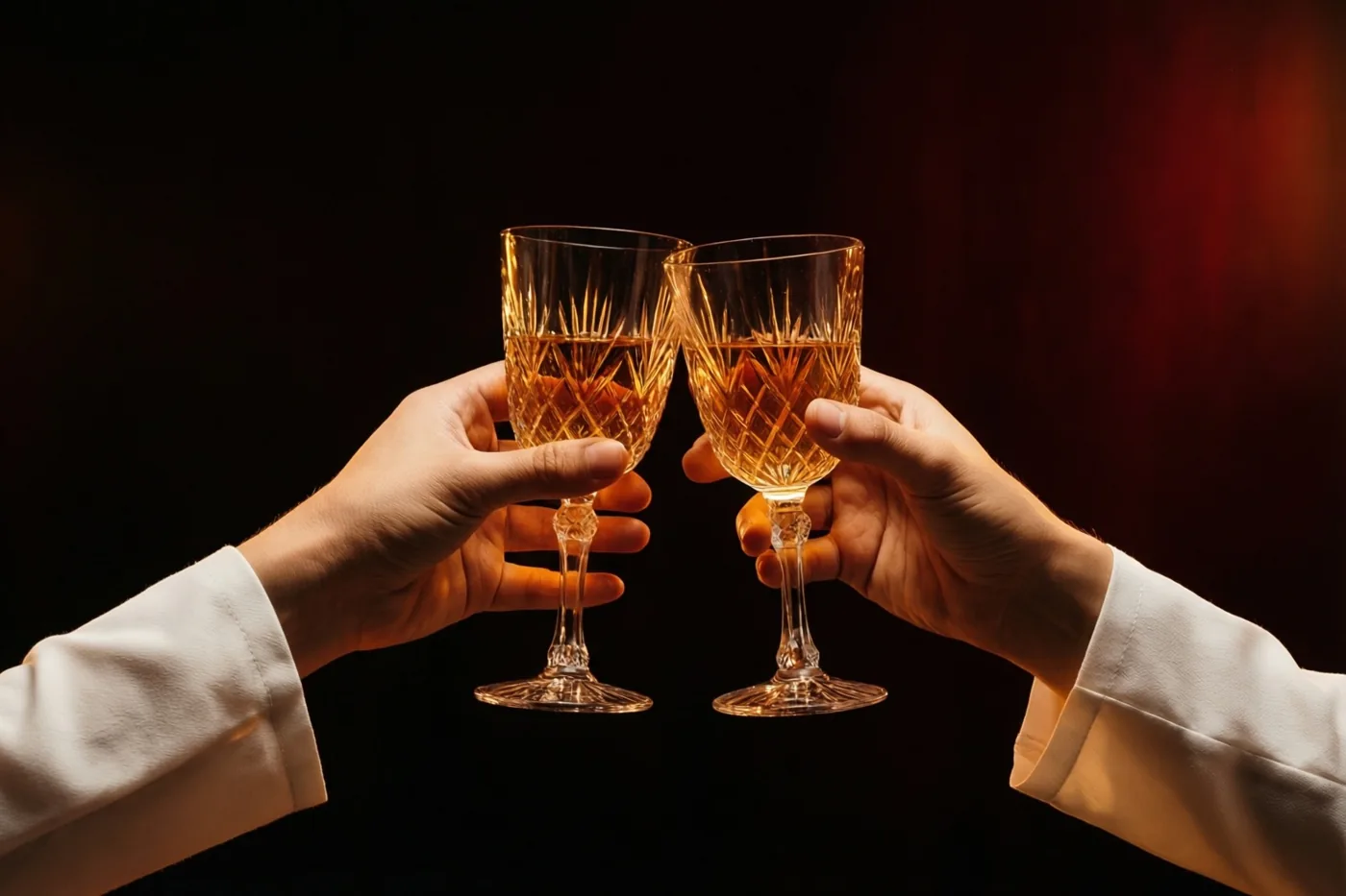 Twee handen uit witte mouwen klinken met kristallen glazen vol amberkleurige drank tegen een donkere achtergrond in warm licht.