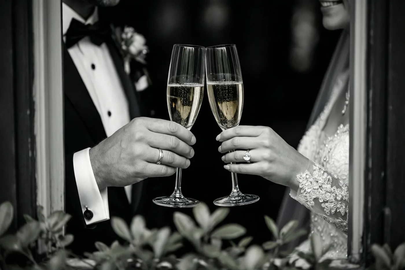 Een zwart-witdetail toont de handen van een bruid en bruidegom die met champagneglazen klinken, met trouwringen, feestkleding en wazig gebladerte op de voorgrond.