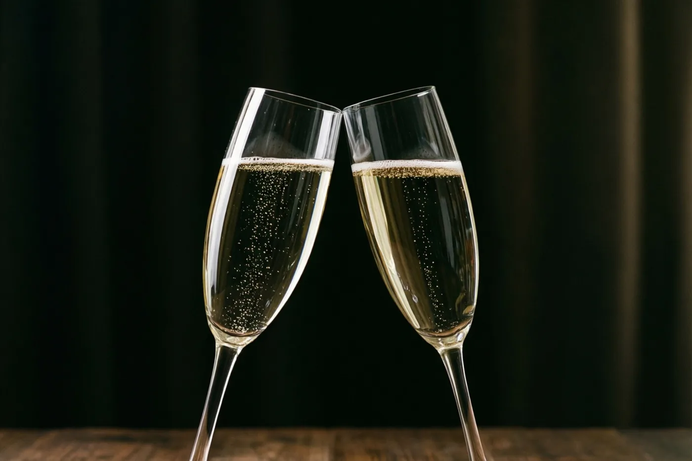 Twee champagnefluiten met een goudkleurige bruisende vloeistof klinken tegen elkaar boven een houten oppervlak tegen een donkere achtergrond.