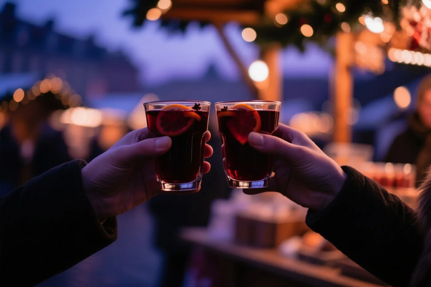 Twee handen klinken met glazen glühwein met sinaasappelschijfjes en steranijs aan een kerstmarktkraam in de schemering, omgeven door rood, donkerblauw en goudgeel.