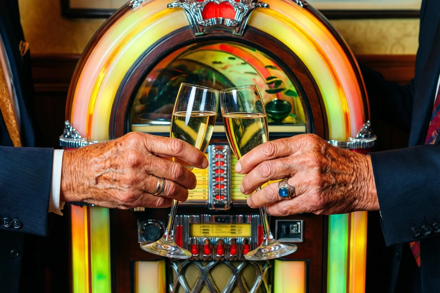 Twee oudere handen met trouwringen klinken met champagneglazen voor een fel verlichte oude jukebox in gouden, oranje en rode tinten.