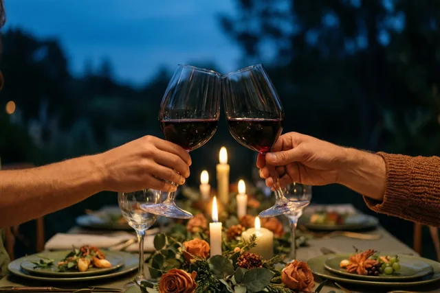 Twee handen klinken met wijnglazen boven een feestelijk gedekte buitentafel met kaarsen en herfstbloemen, met bomen en een donkerblauwe schemerlucht op de achtergrond.