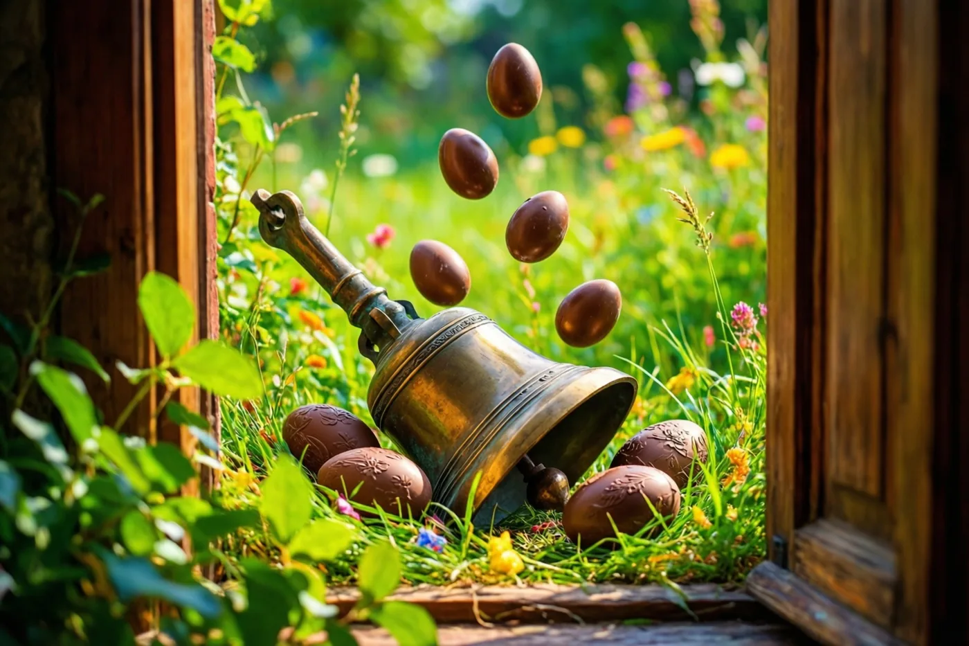 Een klein bronzen klokje ligt op een vensterbank bij een tuin, omringd door chocolade-eieren die lijken neer te vallen, met gras en veldbloemen op de achtergrond.