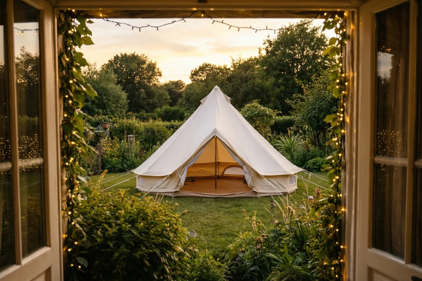 Door een open deuropening met lichtslingers is een witte kloktent in een groene tuin bij schemering te zien, verlicht door de ondergaande zon en warme lichtjes.