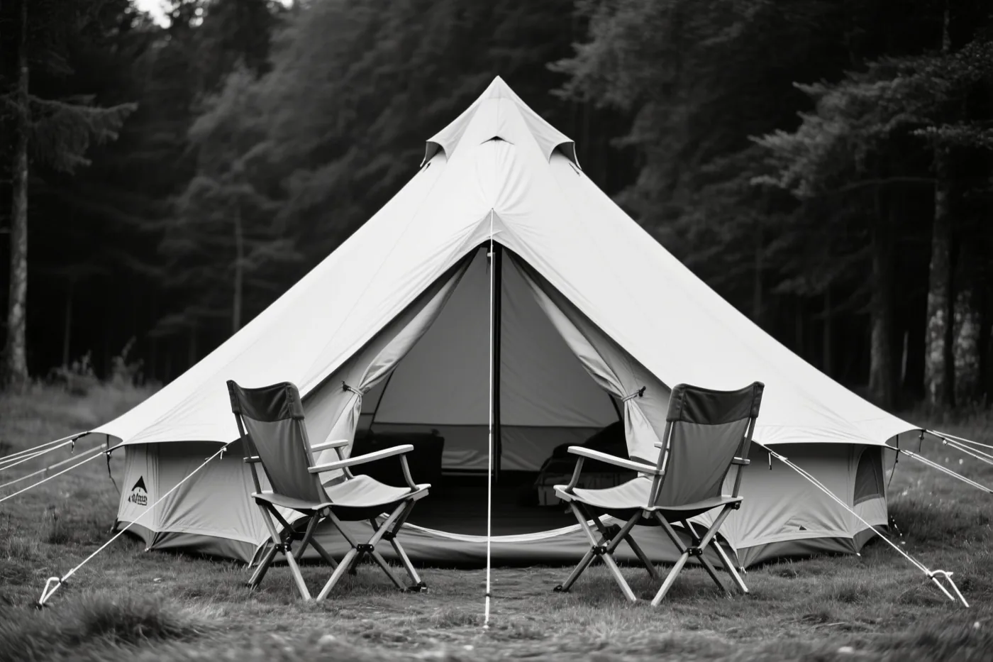 Een grote kloktent staat op een open grasplek midden in dicht bos op een zwart-witfoto.