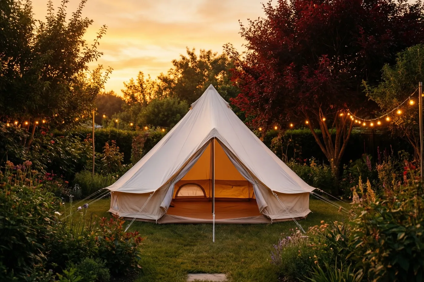 Een witte kloktent staat bij schemering tussen bomen en bloeiende planten in een tuin, verlicht door lichtslingers en de gouden gloed van de ondergaande zon.