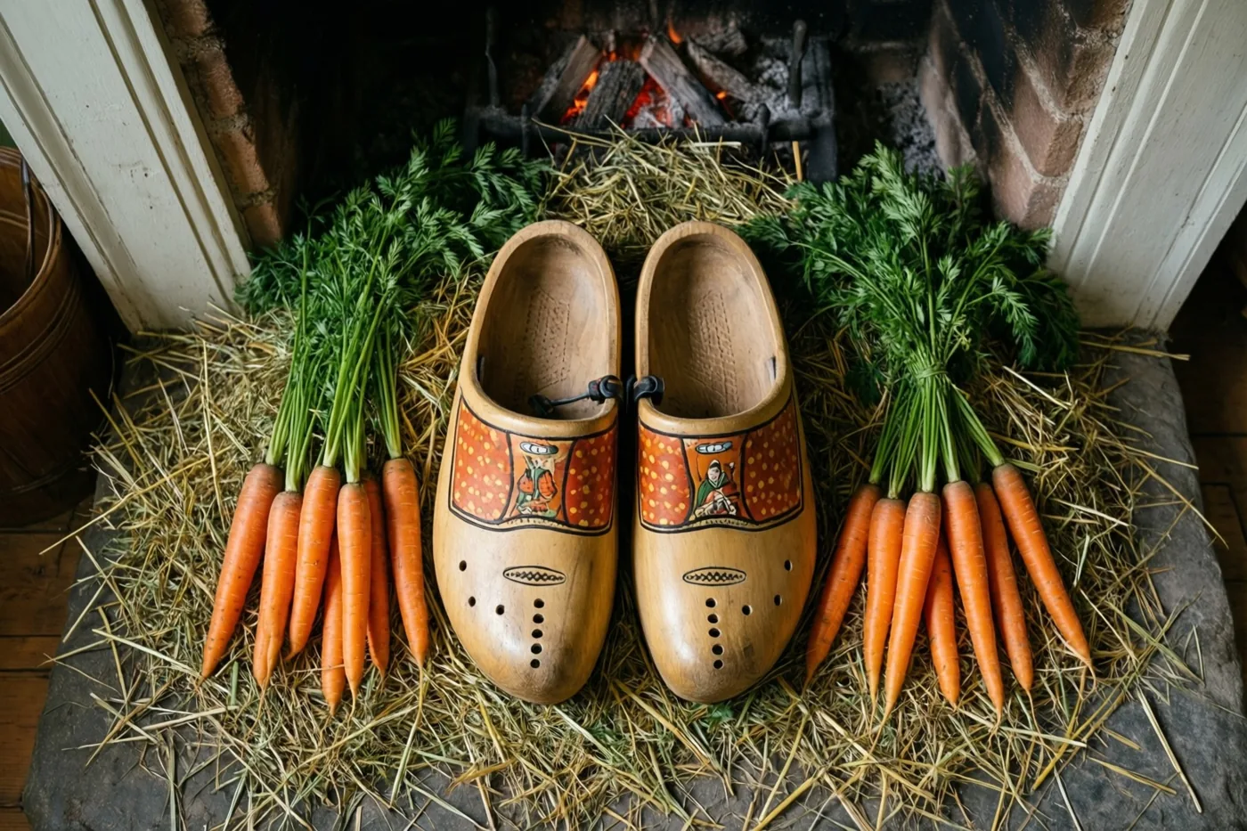 Houten klompen liggen op hooi voor een brandende haard, met aan weerszijden bossen wortels met loof.