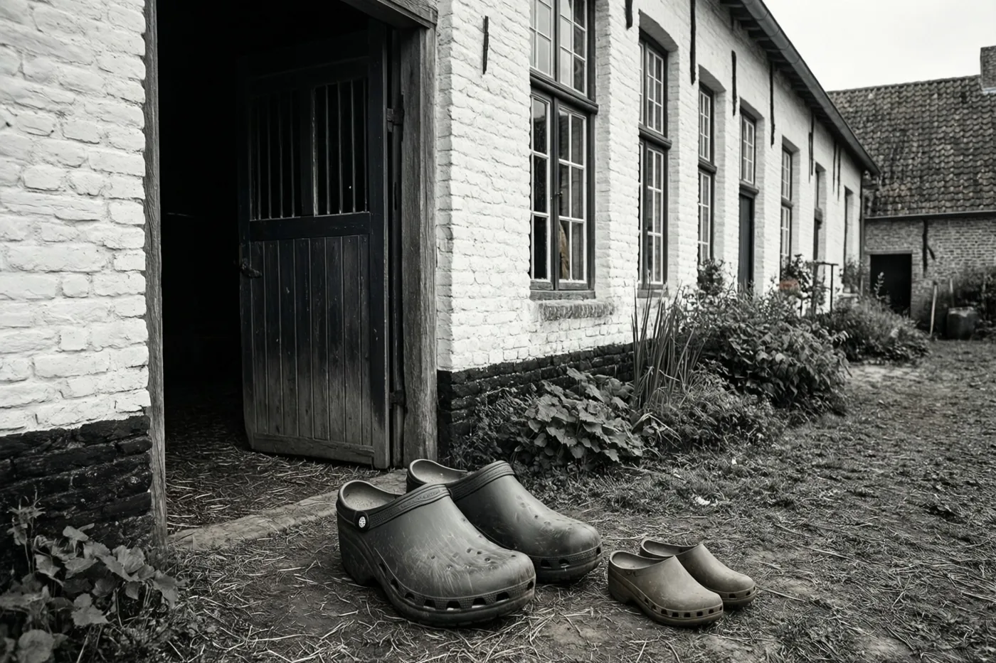 Op deze zwart-witfoto staan een groot en een klein paar klompen voor de schuurdeur van een witgekalkte Vlaamse hoeve.