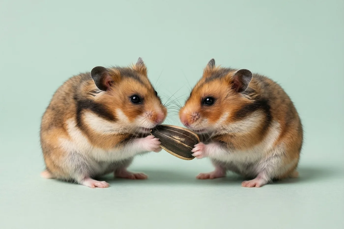 Twee hamsters met bruine en witte vacht zitten tegenover elkaar en knabbelen elk aan een zonnebloempit die ze met hun pootjes vasthouden, tegen een effen lichtgroene achtergrond.