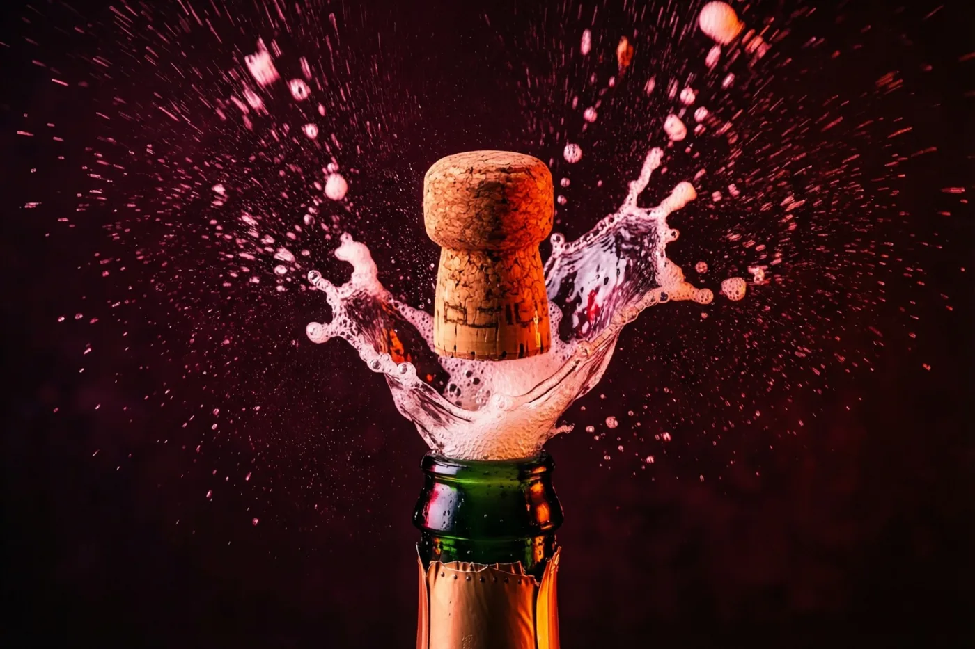 Een kurk schiet uit een champagnefles en schuim spat naar buiten tegen een donkere achtergrond in dieprode, gouden en groene tinten.