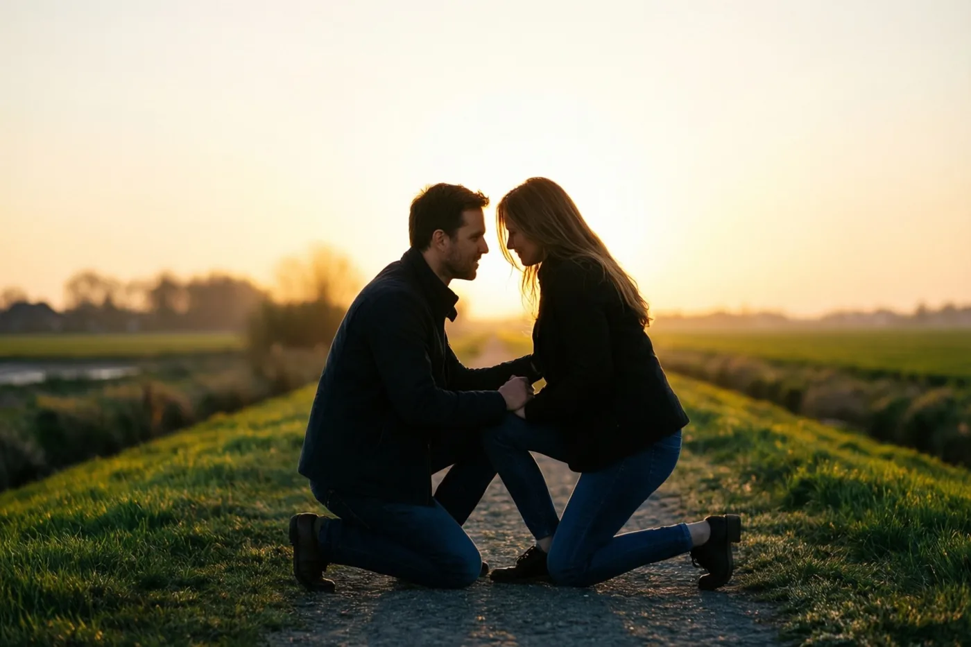 Een man en een vrouw knielen tegenover elkaar op een met gras begroeide dijk, als silhouetten in het gouden licht van de ondergaande zon.