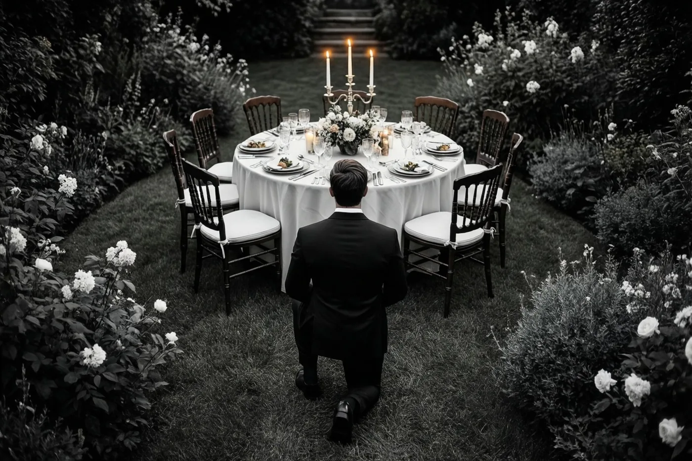 Op een zwart-witfoto knielt een man in een zwart pak op het gras voor een ronde dinertafel bij kaarslicht in een tuin met witte bloemen.