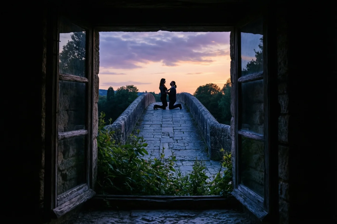 Door een open raam zijn de silhouetten te zien van een man die voor zijn partner knielt op een oude stenen brug bij zonsondergang.