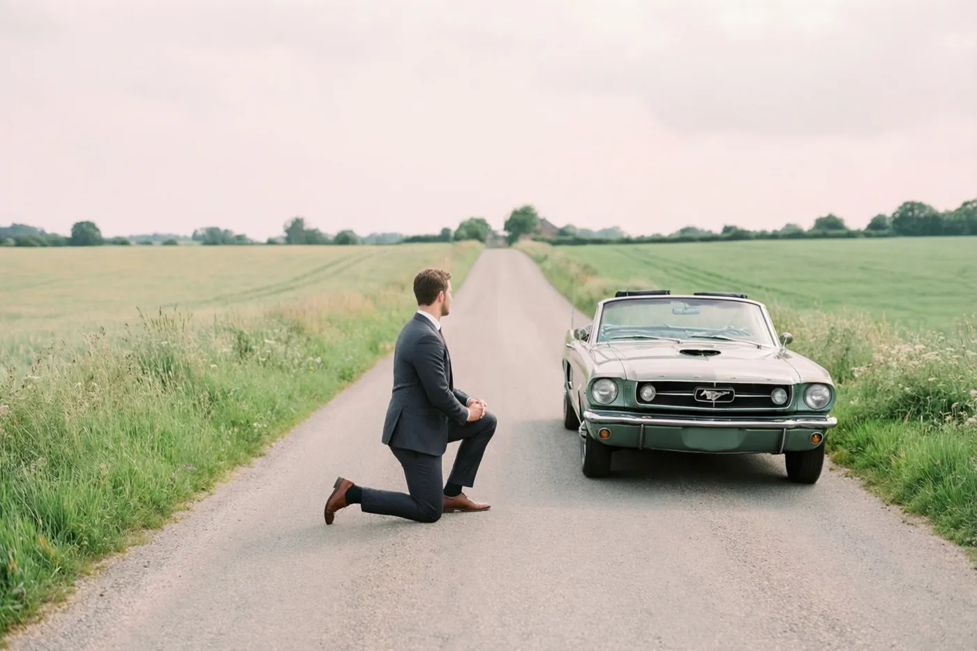 Een man in een pak knielt op een landweg naast een groene oldtimer met open dak, met groene velden onder een bewolkte hemel.