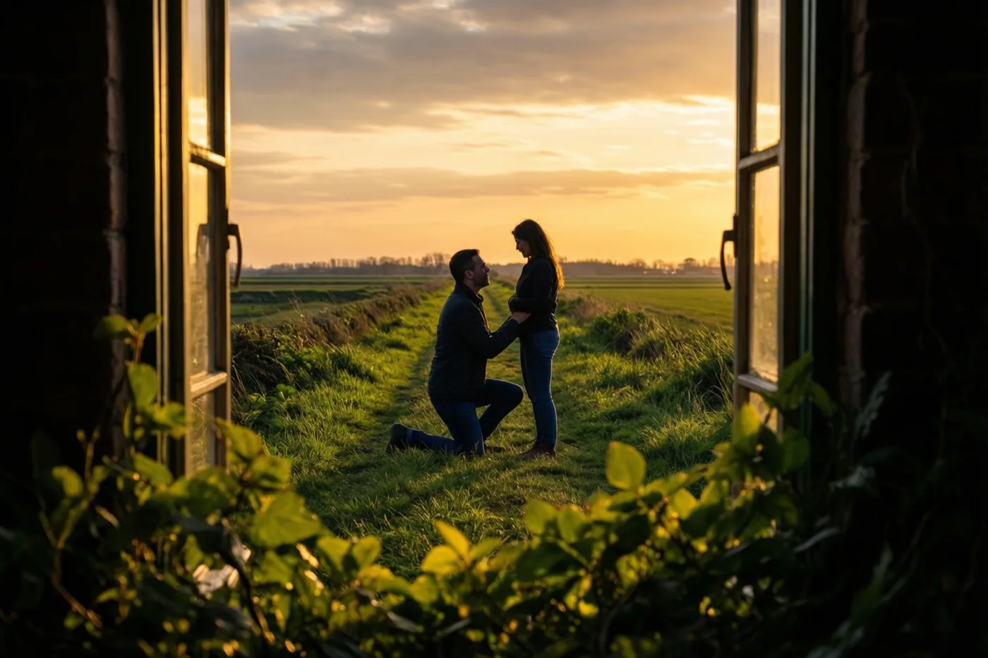 Door een open raam met planten op de voorgrond is een man te zien die voor zijn partner knielt op een grasdijk bij zonsondergang.