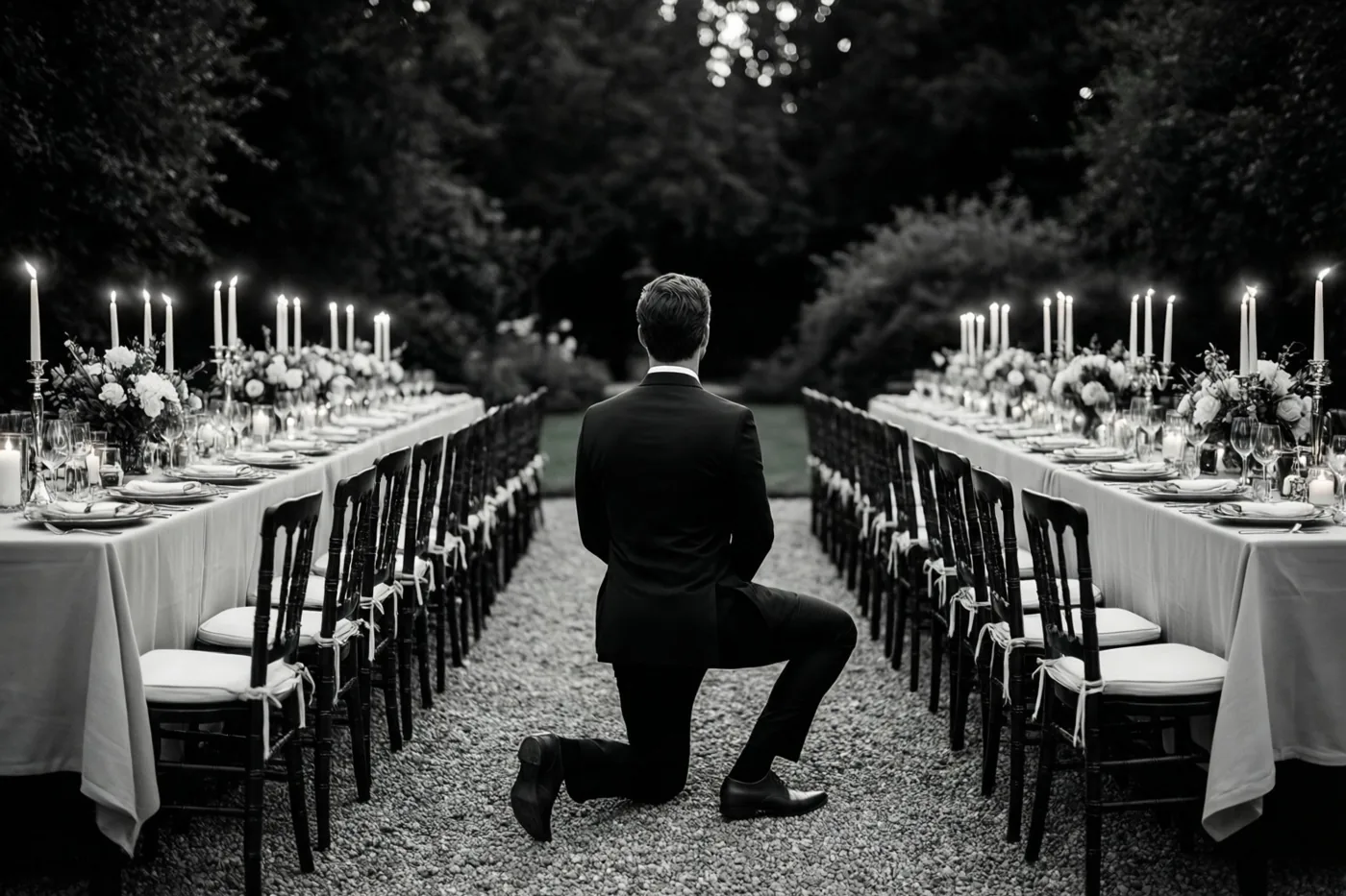 Op een zwart-witfoto knielt een man in een pak op een grindpad tussen twee lange tafels die in een tuin gedekt zijn voor een diner bij kaarslicht.
