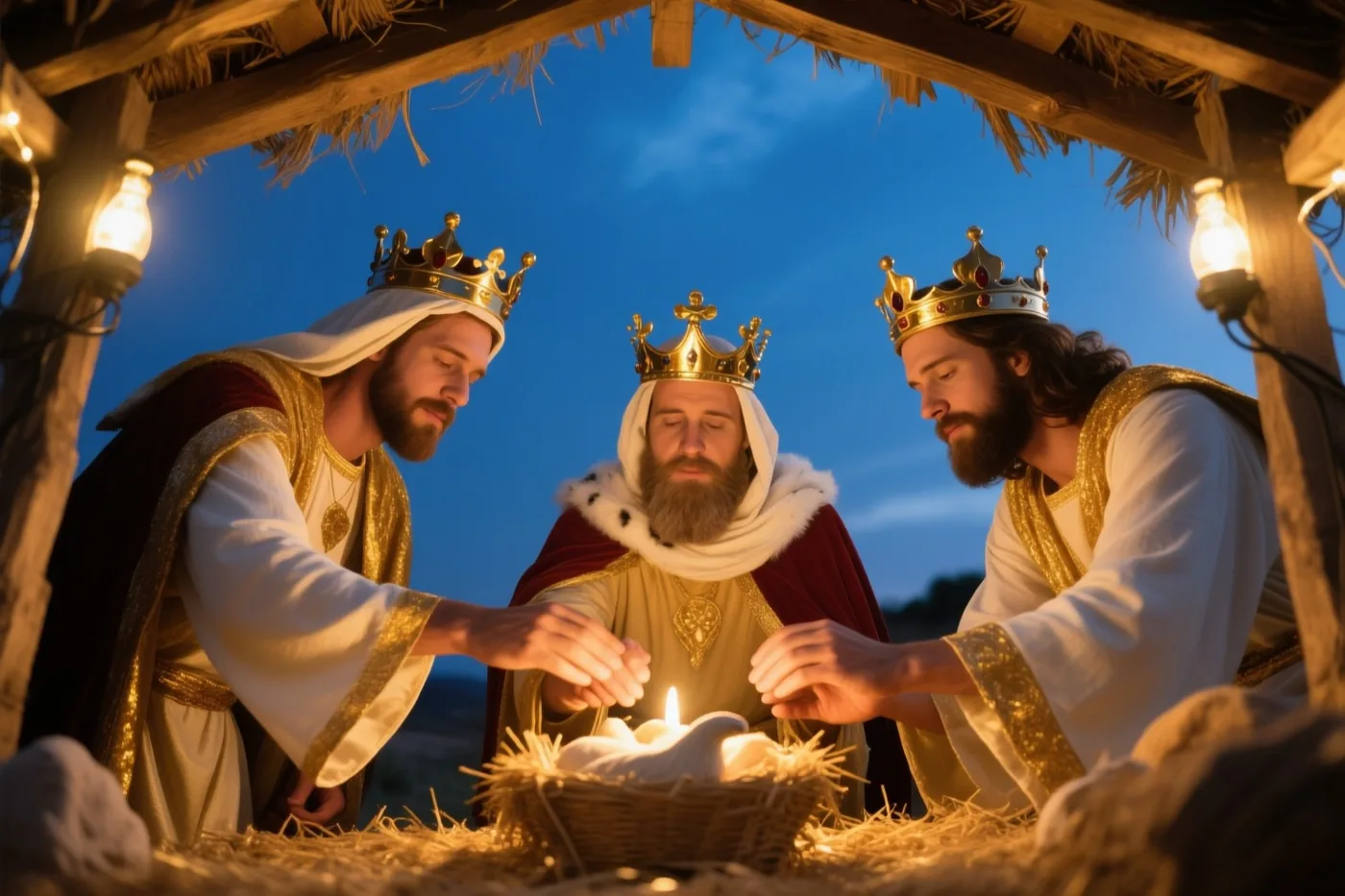Drie mannen met kronen en koninklijke gewaden knielen rond een kribbe en leggen er offers in onder een rieten dak in de schemering.
