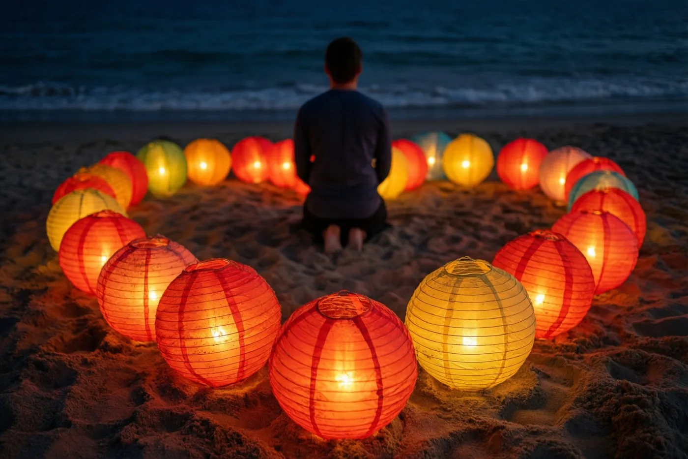 Een persoon knielt op een nachtelijk strand binnen een hart van brandende lantaarns in het zand, met warm oranje en geel licht voor een donkerblauwe zee.