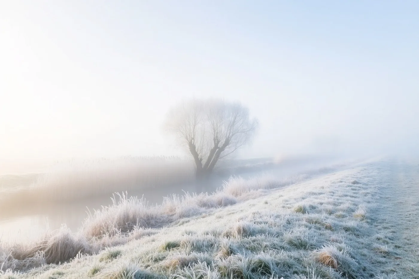 Een eenzame knotwilg met kale, berijpte takken staat in mistige polders boven gras met rijp, in zachte blauwe en witte tinten.
