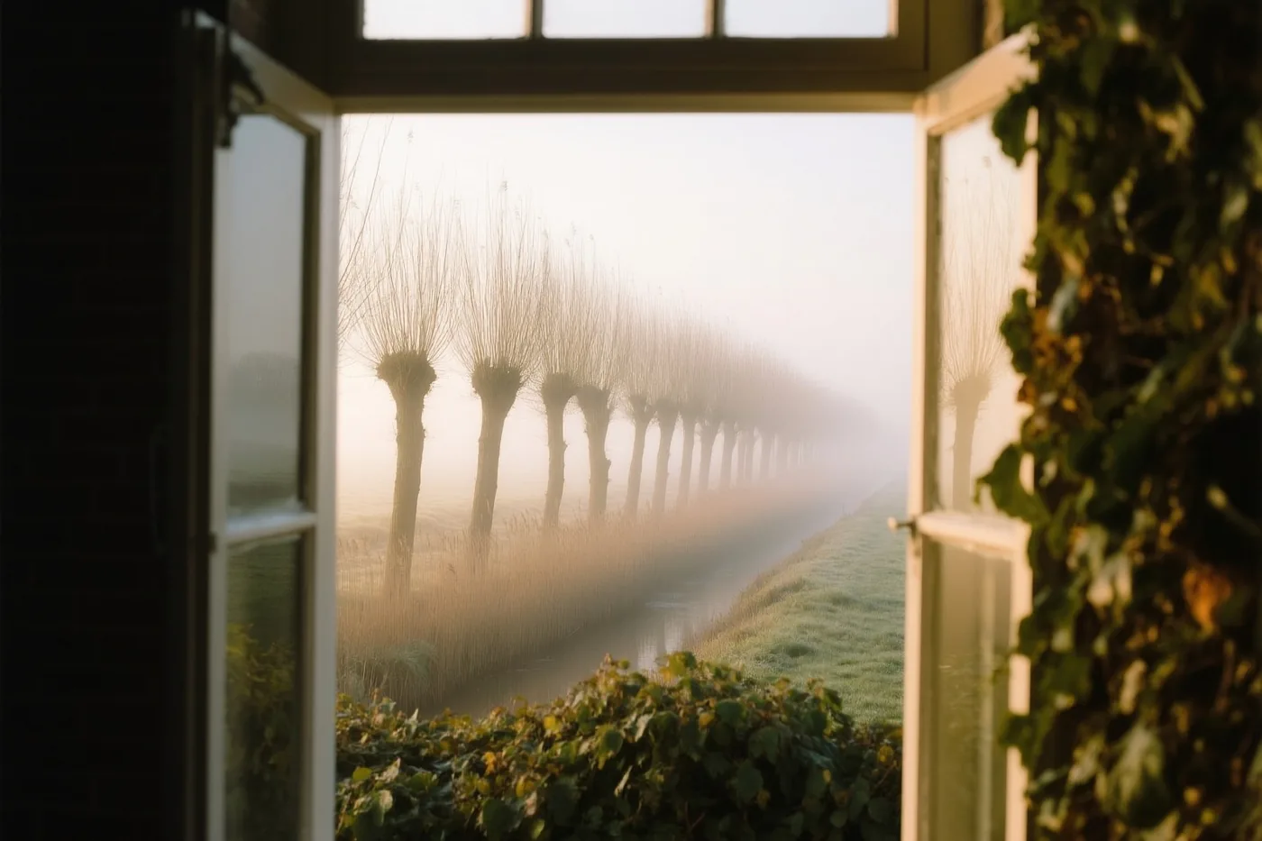 Door een open raam is een mistige polderochtend te zien met een rij knotwilgen langs een waterloop in zacht gouden licht.