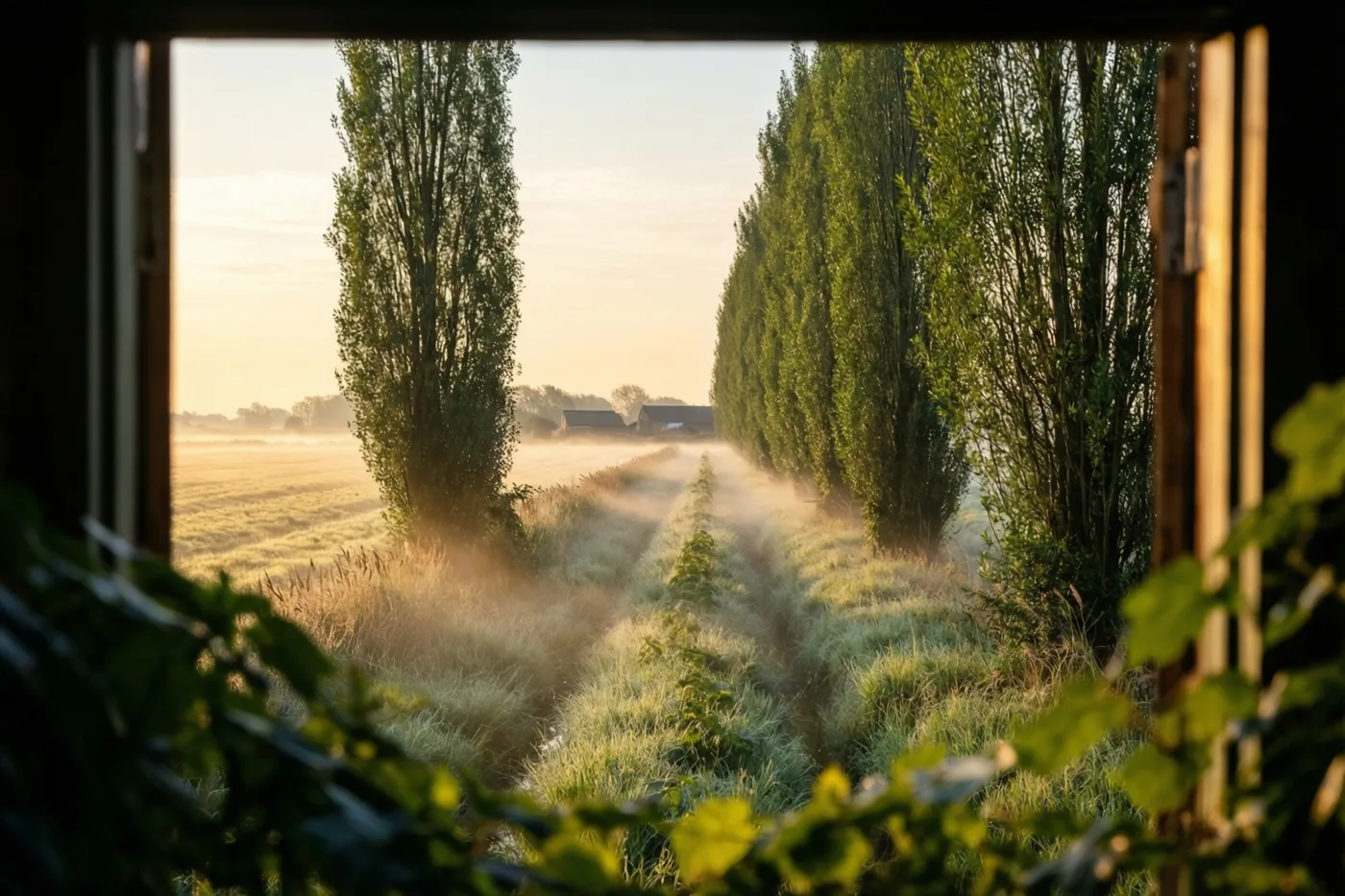 Door een houten raam zie je bij zonsopgang een mistig polderlandschap met knotwilgen langs een pad en een boerderij in de verte.